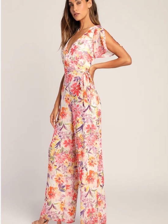 Lulus Pants - Lulu's Pink Floral V-Neck Wide-Leg Tie-Waist Jumpsuit